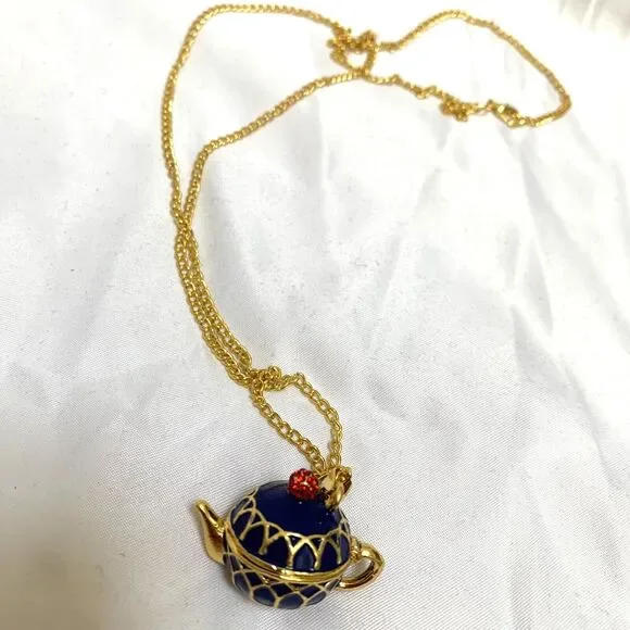 Cobalt Blue Enamel Painted Teapot Tea Pot Charm Pendant Yellow Gold-Tone - Picture 11 of 15